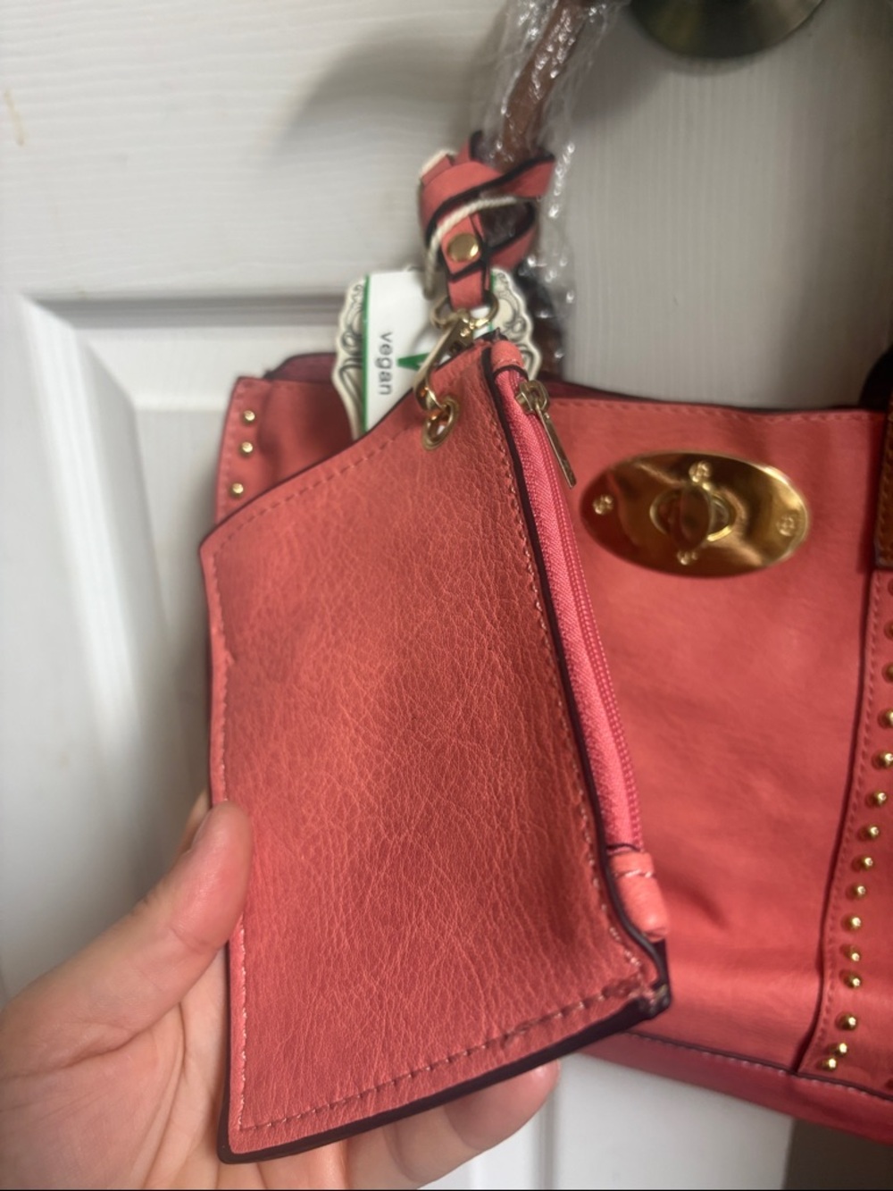 Coral Studded Tote with Brown Handles and Matching Pouch - Picture 6 of 7